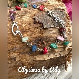 Rainbow multi gemstone beaded bracelet handmade fish charm